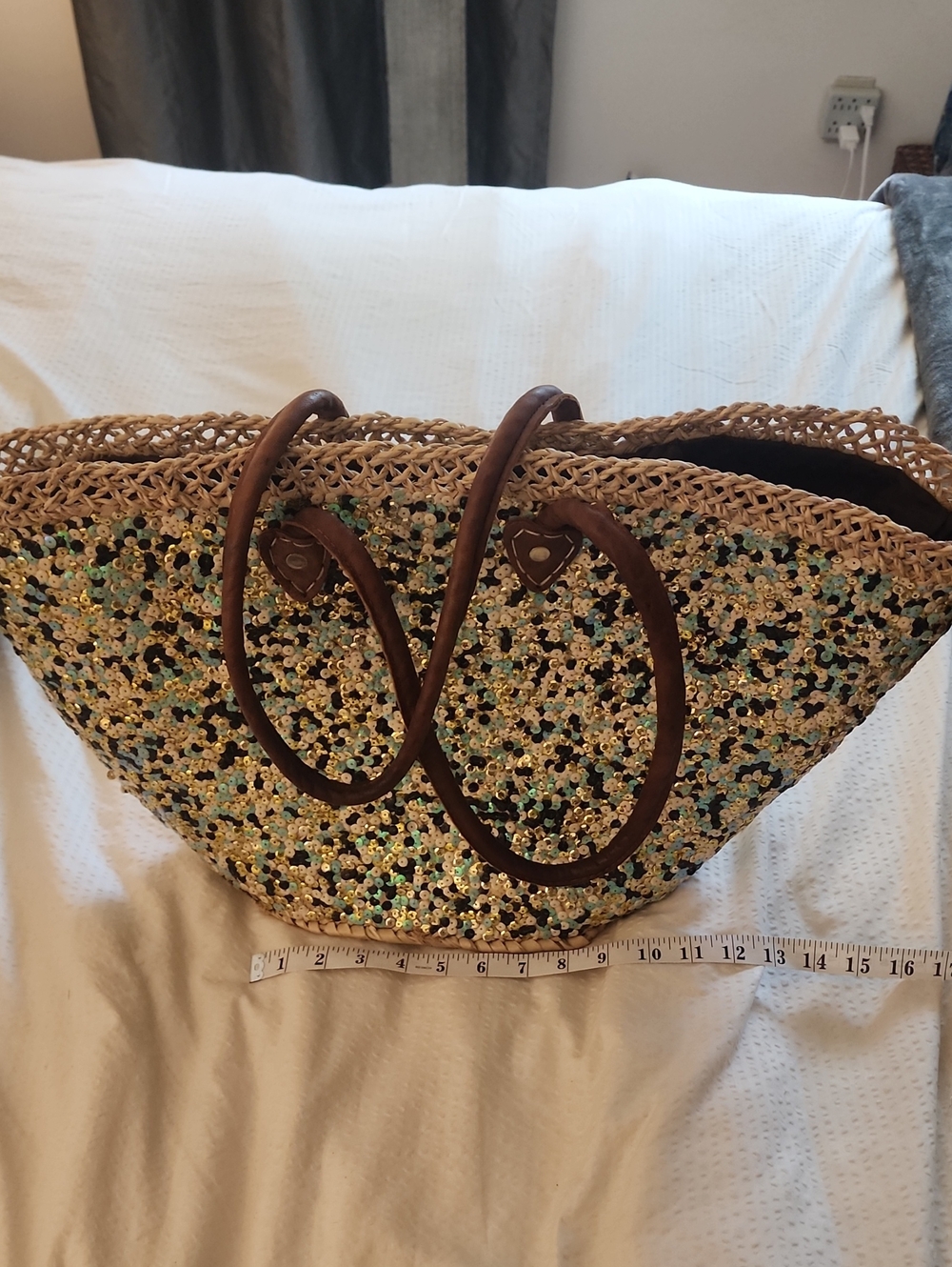 Handmade Sequin Straw Tote Bag with Brown Handles